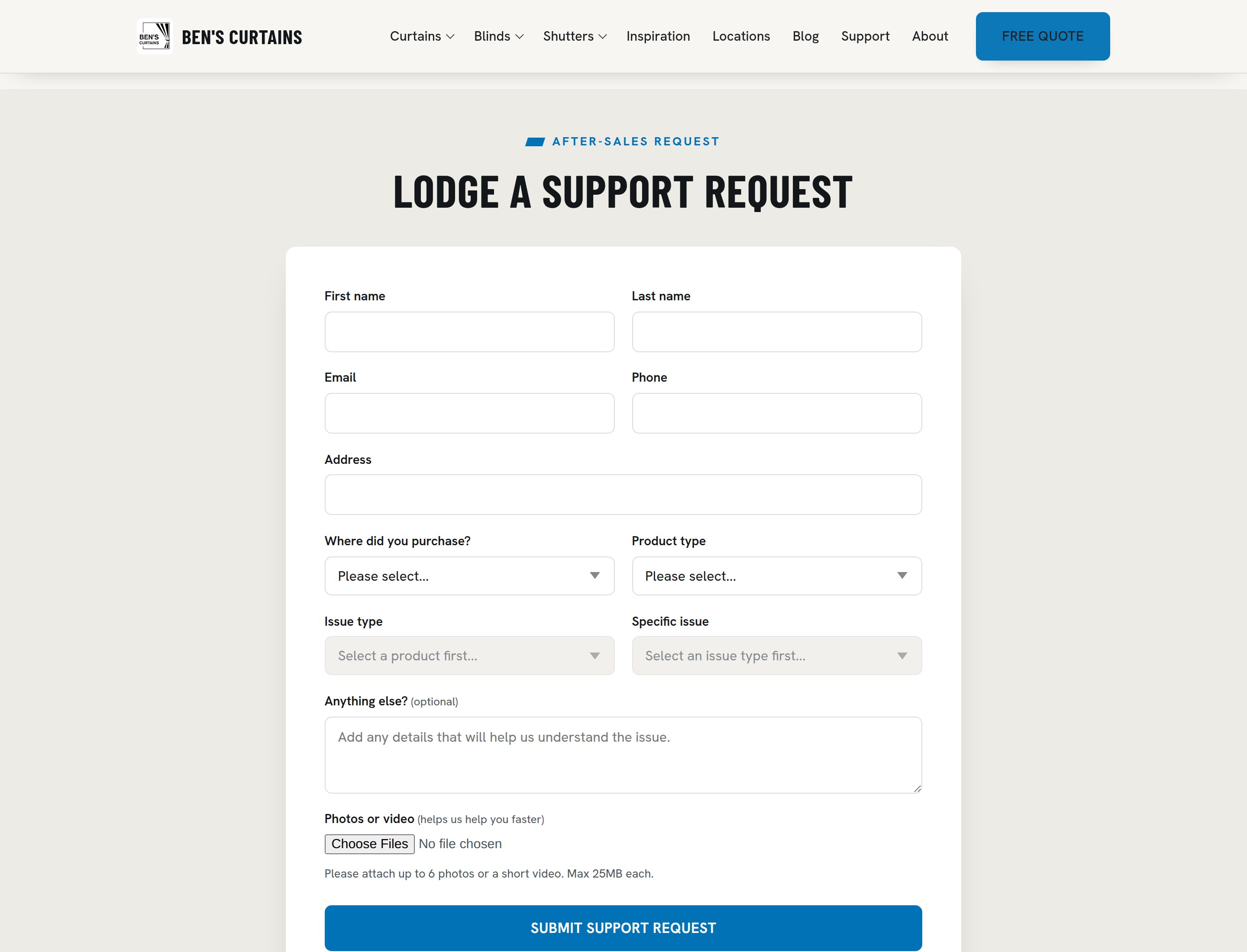 The after-sales request form, showing contact fields, a purchase location selector and linked product, issue type and specific issue dropdowns above a photo upload field