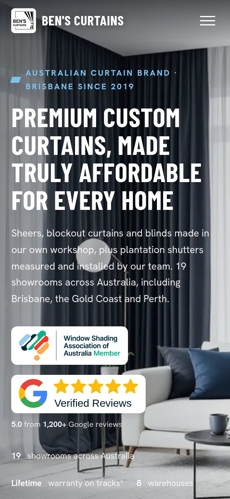 The same Ben's Curtains homepage on a phone sized screen, with the headline, the trade association badge and the Google review badge stacked