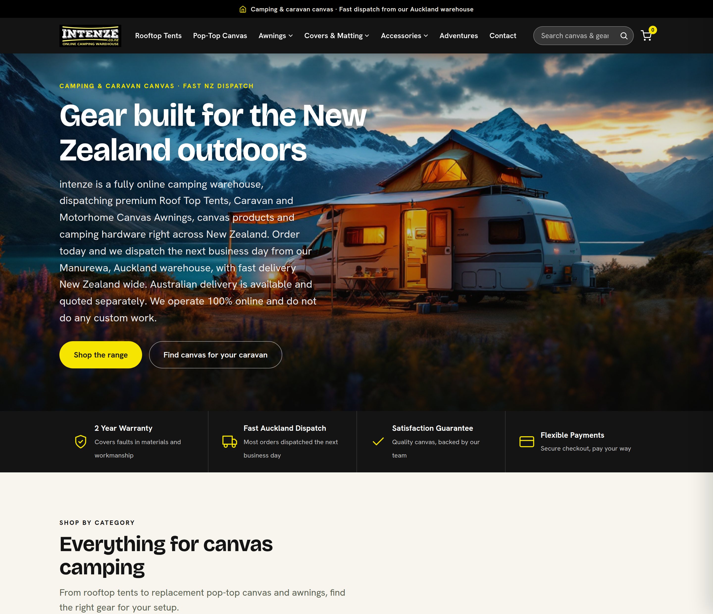 The Intenze homepage on desktop, with a campervan and rooftop tent at dusk behind the headline and a row of warranty and dispatch promises below