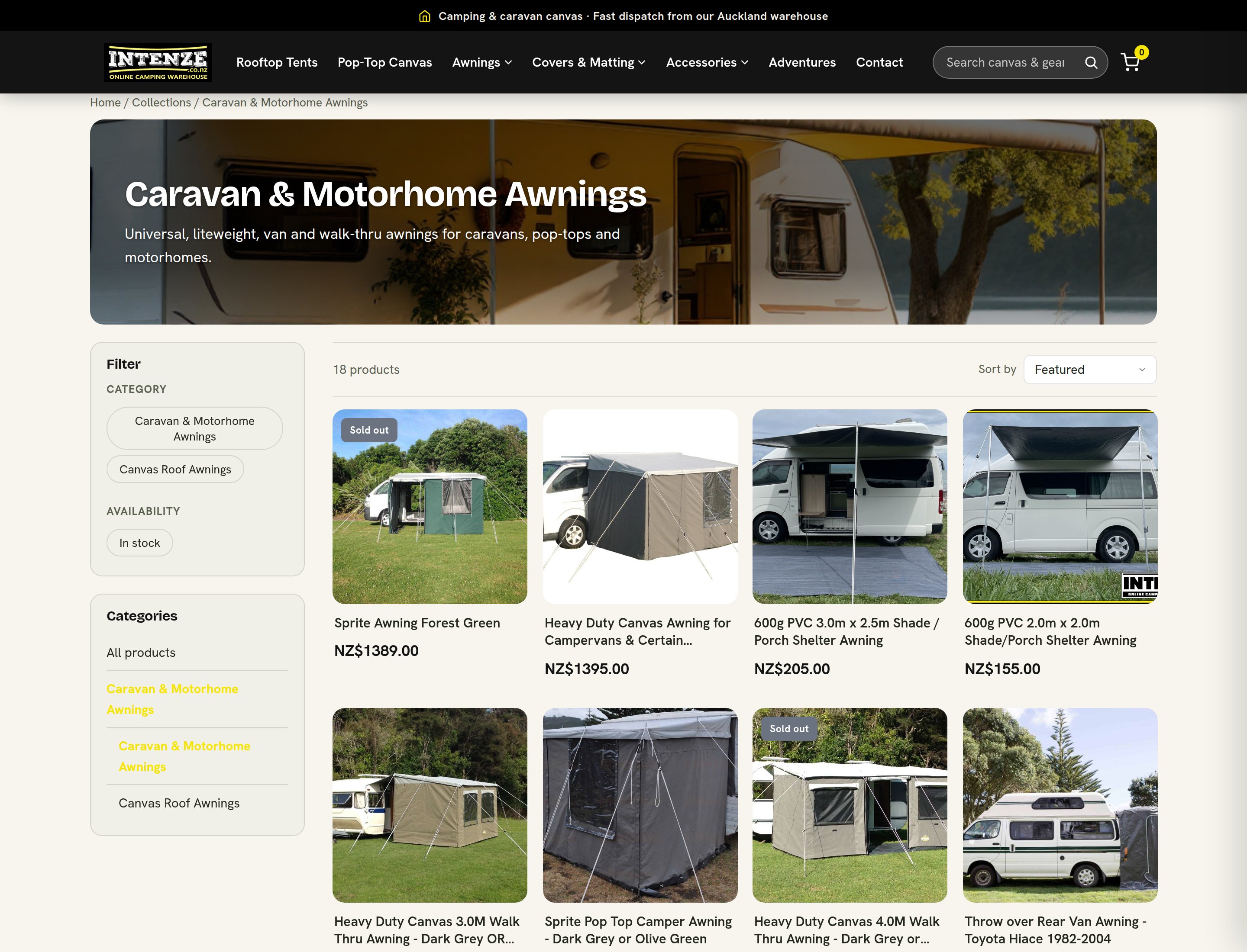 An Intenze collection page for caravan and motorhome awnings, with a price and availability filter sidebar, a category list and a grid of awning products