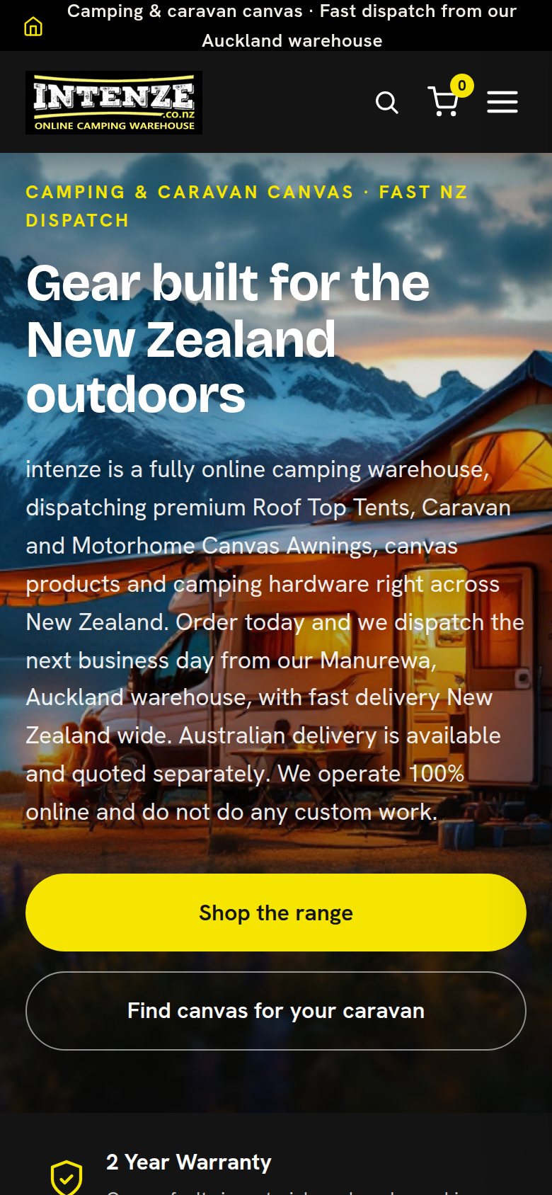 The same Intenze homepage on a phone sized screen, with the headline, the introduction and two full width buttons stacked over the campsite photograph
