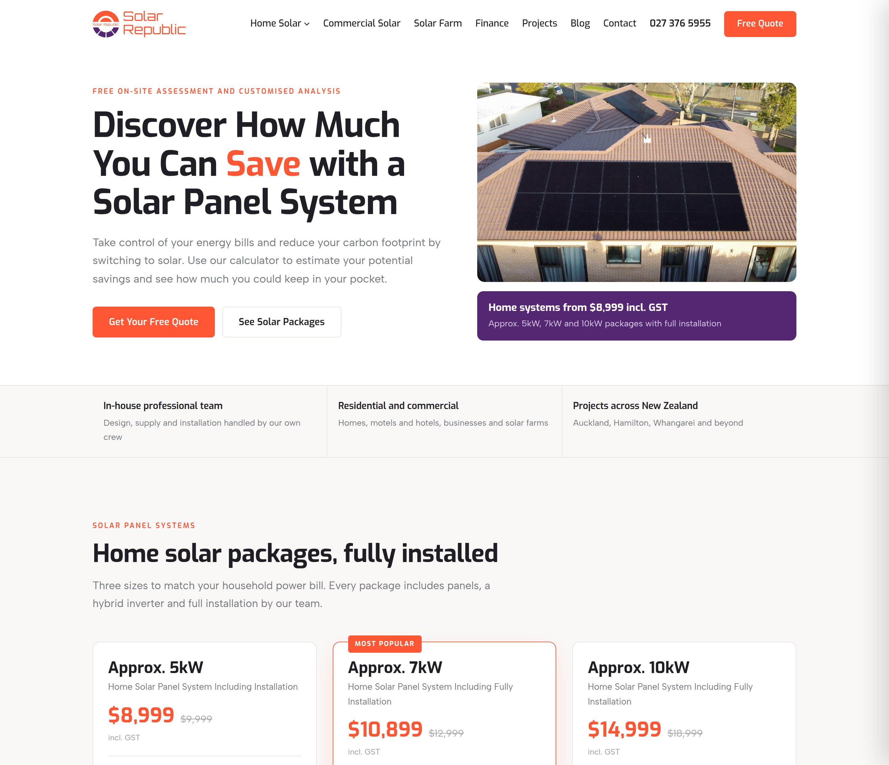 The Solar Republic homepage on desktop, with a rooftop array photograph beside the headline and the home solar packages section below