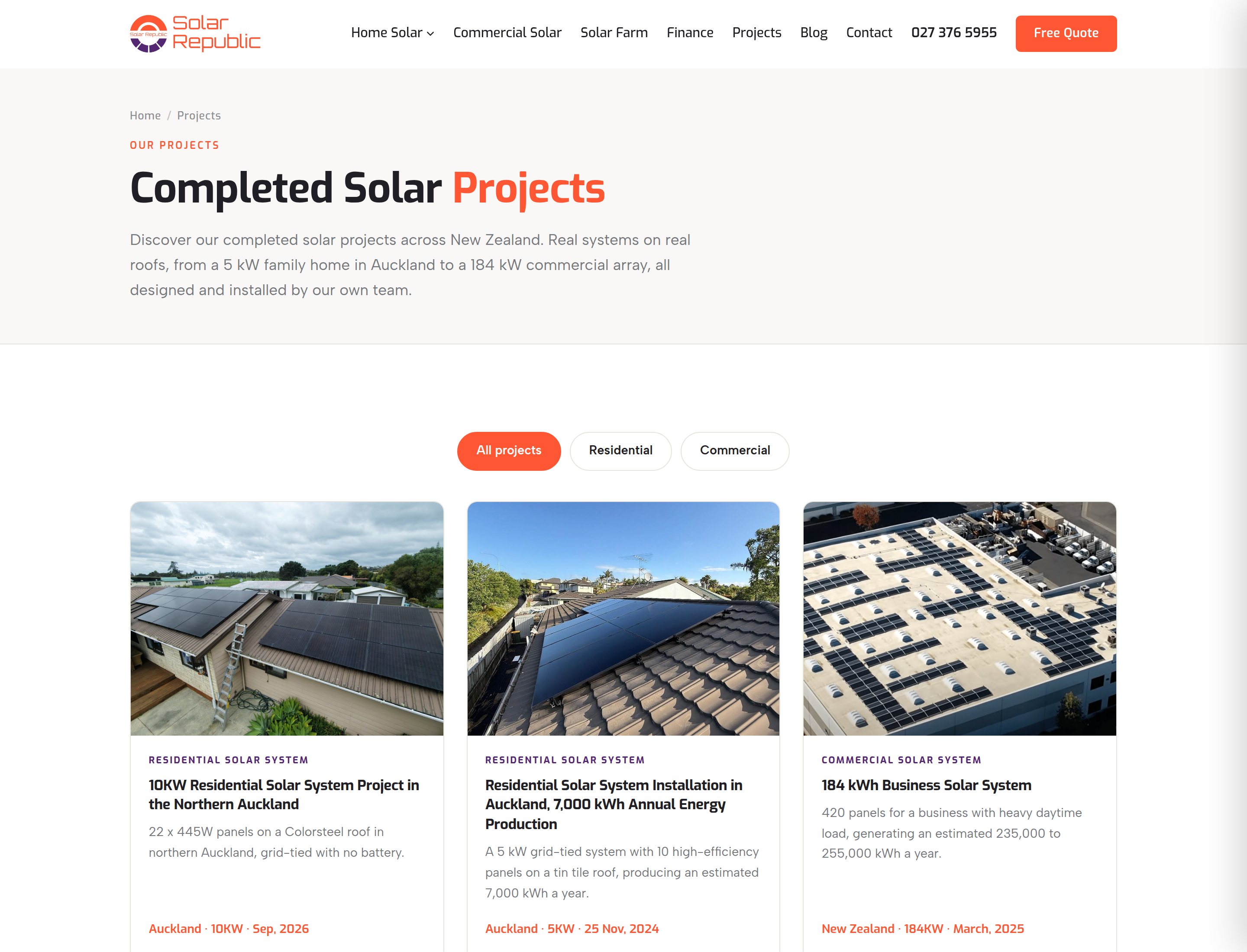 The Solar Republic projects page, with residential and commercial filter buttons above a grid of completed installation cards showing roof photographs, system size and location