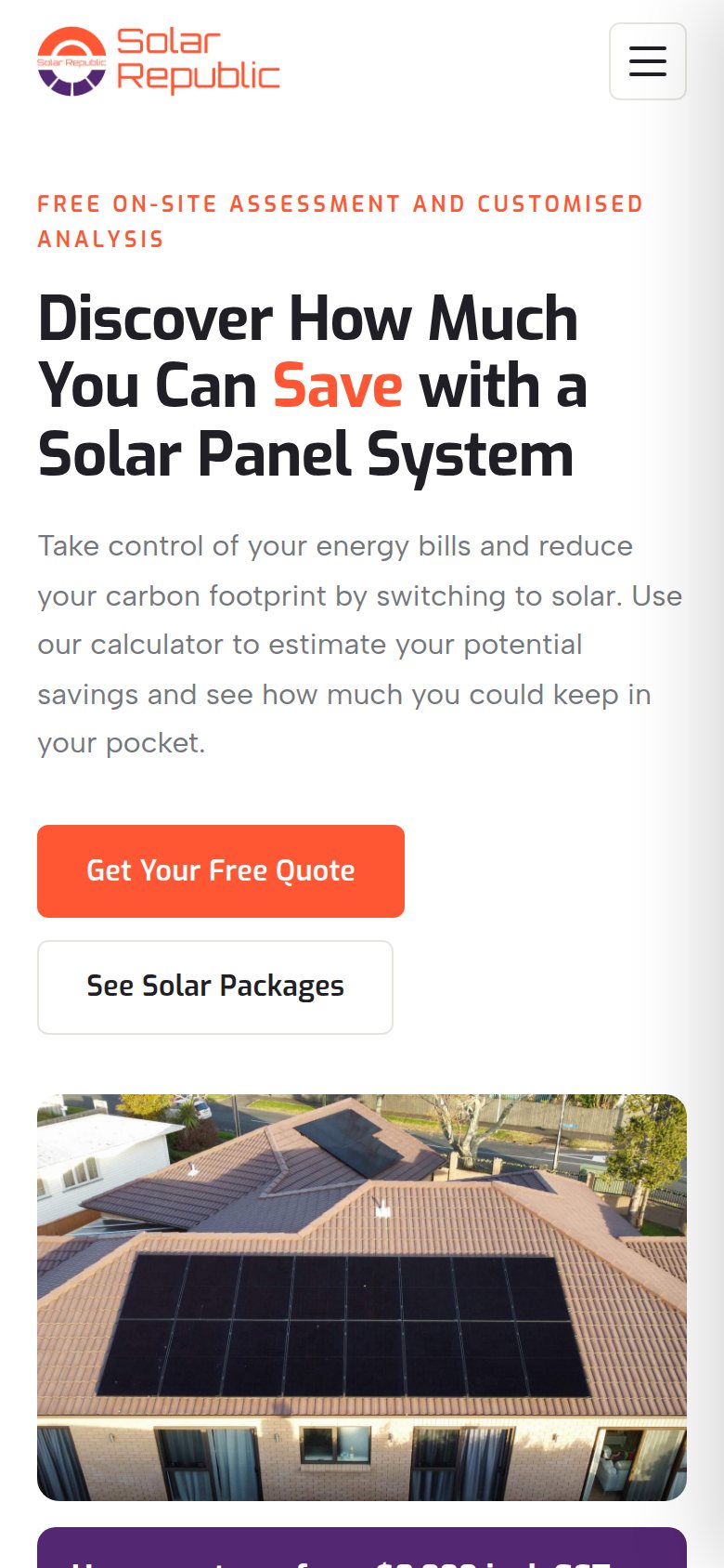 The same Solar Republic homepage on a phone sized screen, with the headline, the two calls to action stacked full width and the rooftop photograph beneath