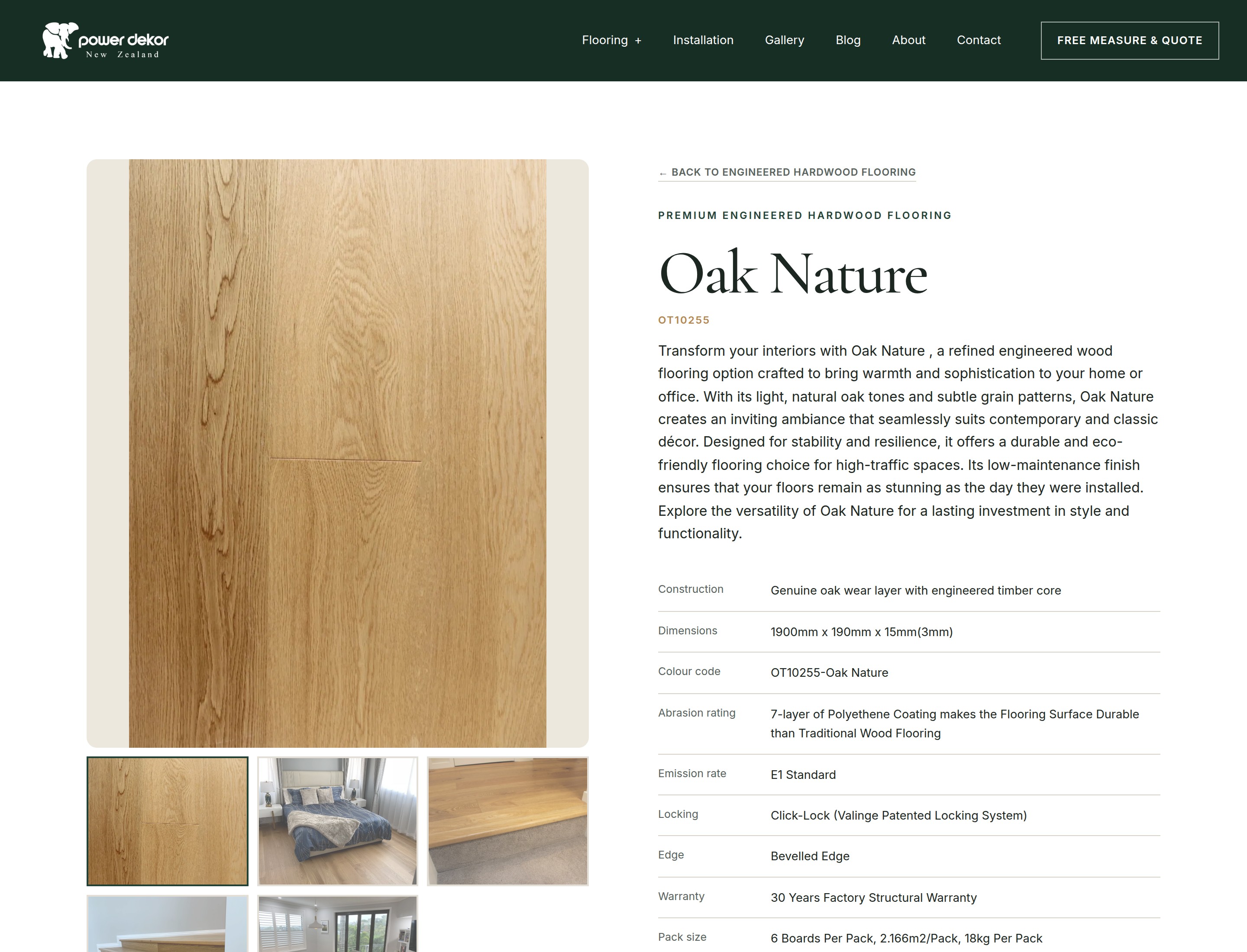 A flooring product page showing a large board photograph, a gallery of installed room shots below it, and a specification table listing construction, dimensions, colour code, abrasion rating and warranty