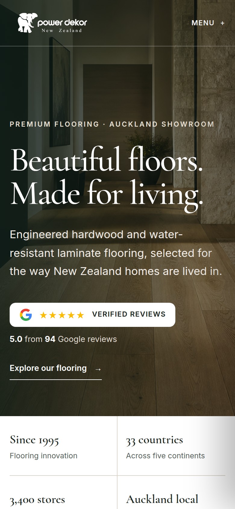 The same Power Dekor Floors homepage on a phone sized screen, with the headline, the review badge and the brand facts stacked two across