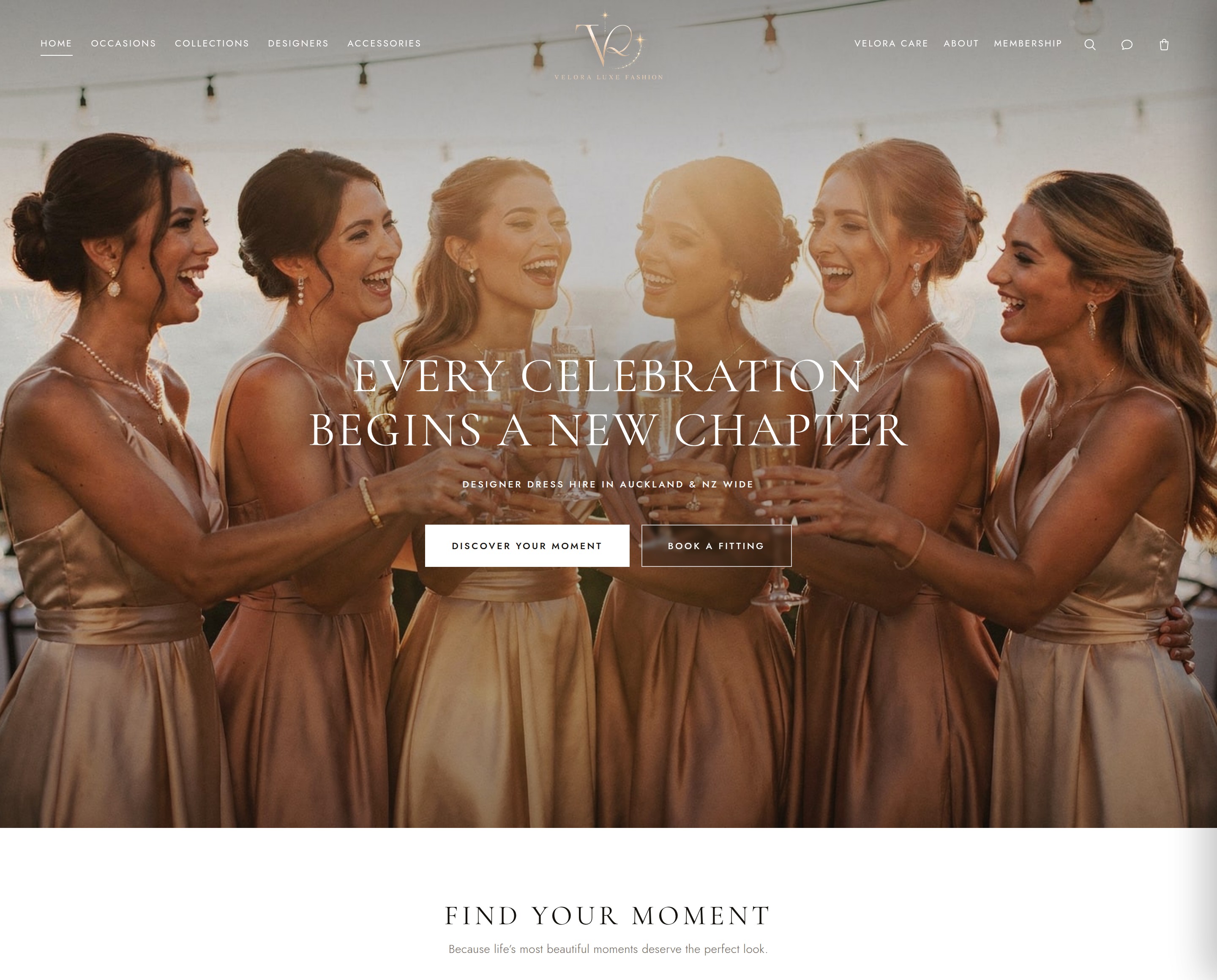 The Velora Luxe homepage on desktop, with a full width celebration photograph, the brand line across it and two buttons beneath