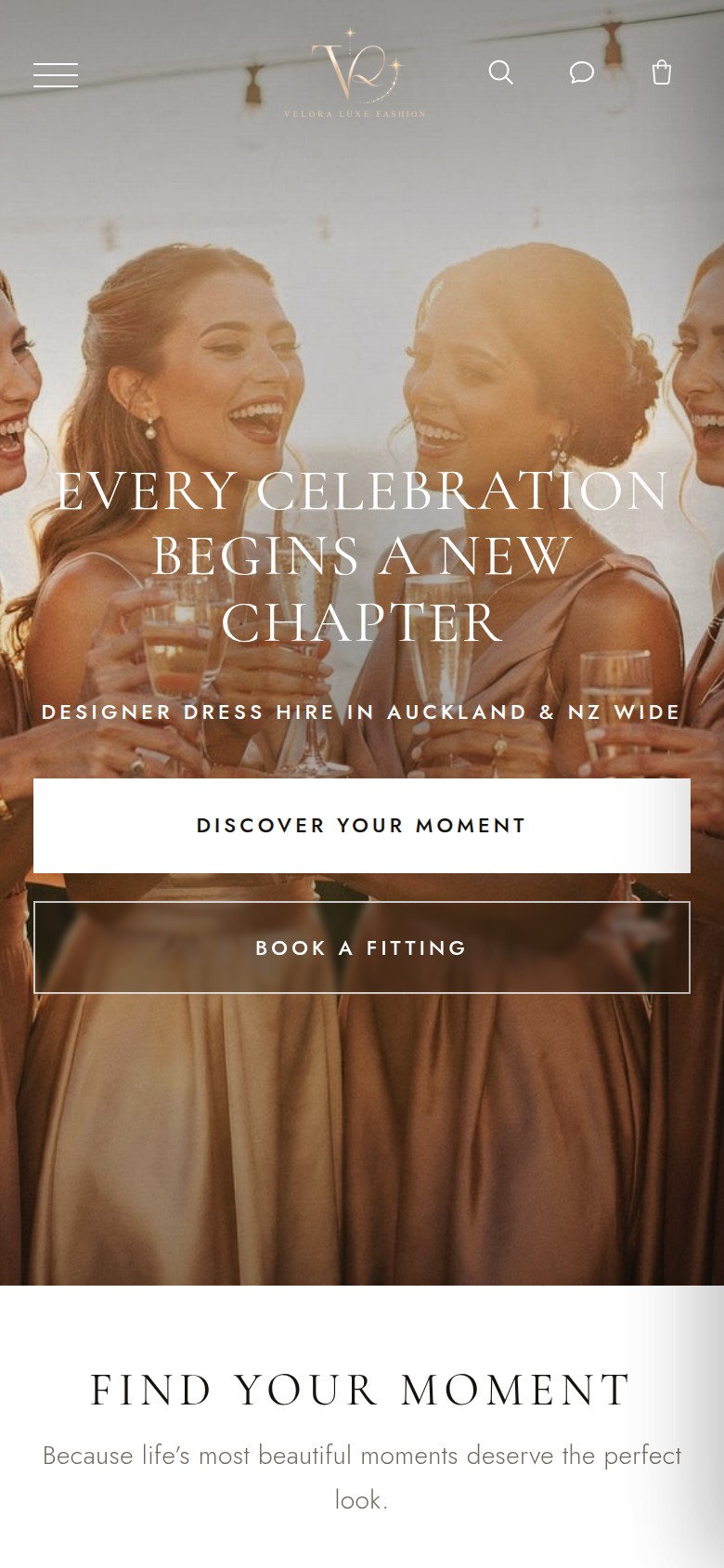 The same Velora Luxe homepage on a phone sized screen, with the brand line, the strapline and both buttons stacked full width