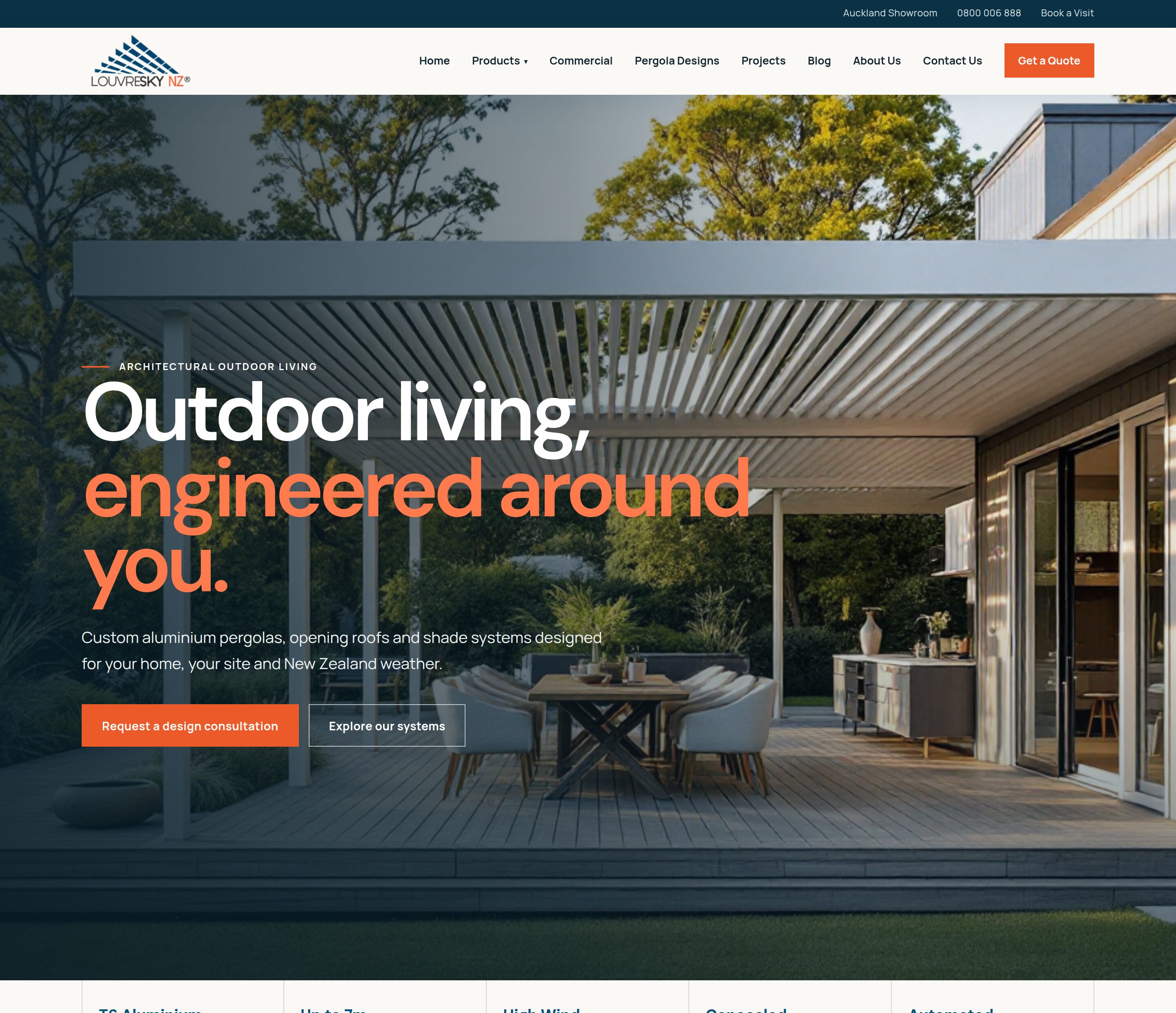 The LouvreSky homepage on desktop, with a wide photograph of a louvre pergola over a deck behind the headline and two call to action buttons