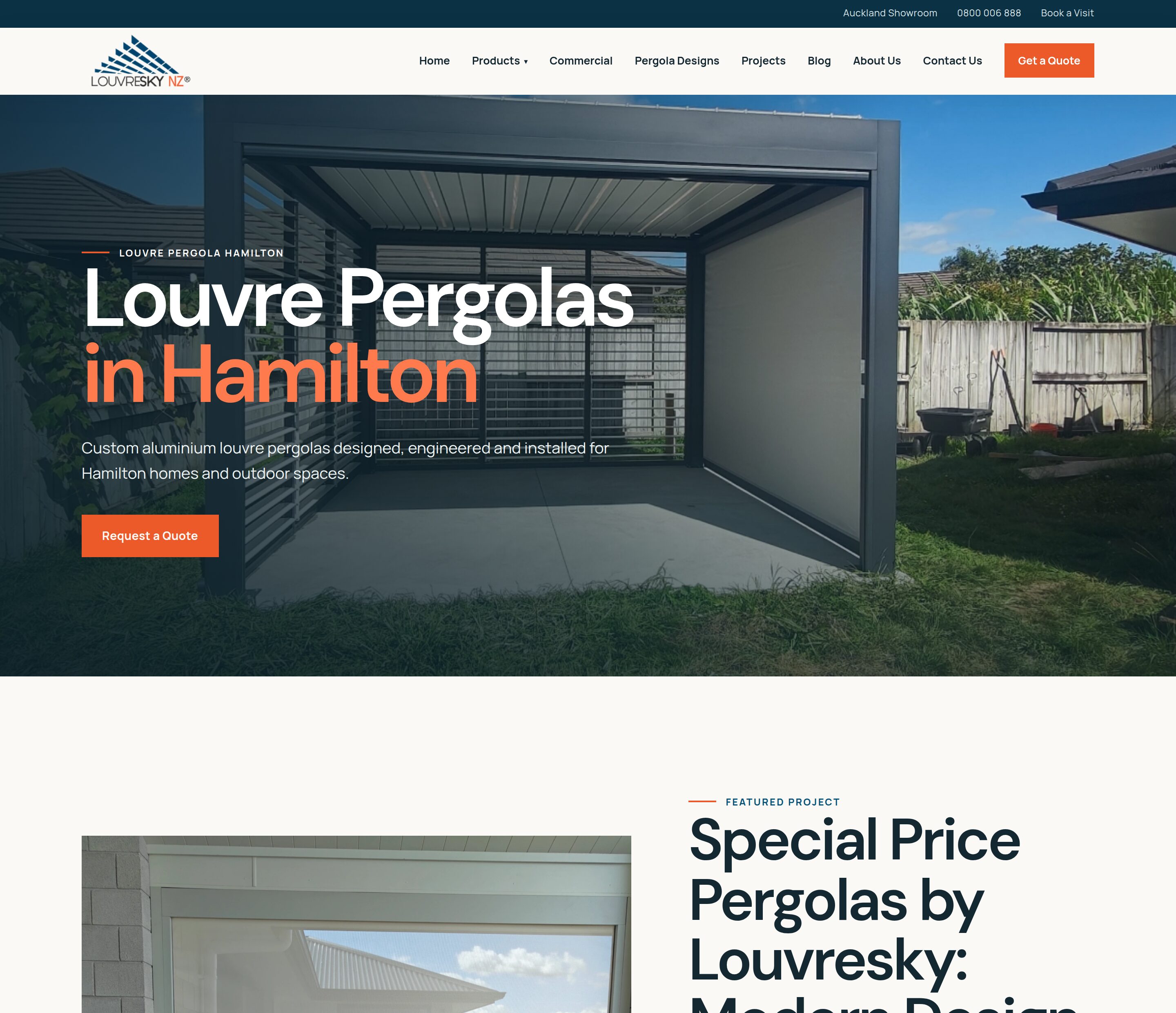 The LouvreSky Hamilton landing page, with a city specific headline over a photo of an installed louvre pergola and a featured local project below