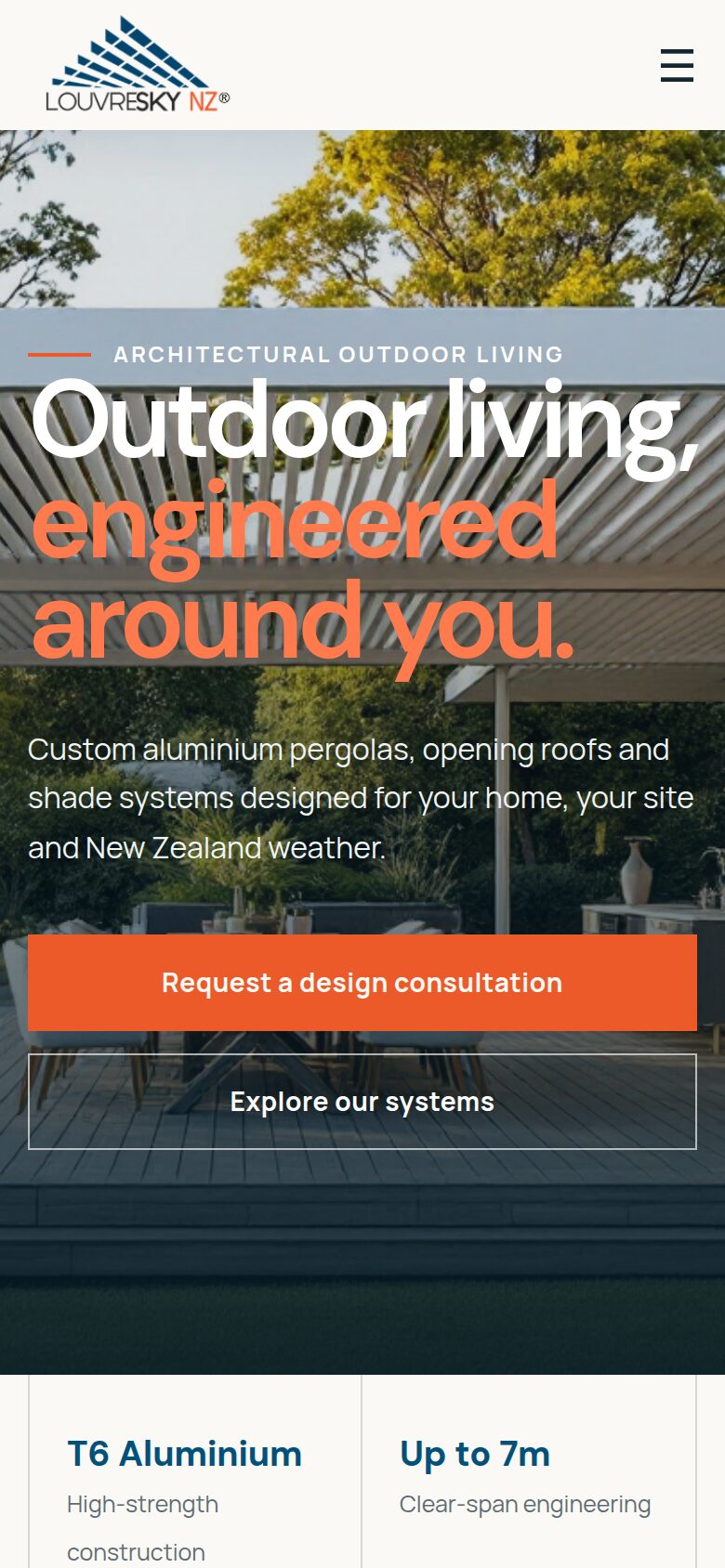 The same LouvreSky homepage on a phone sized screen, with the headline, the introduction and both buttons stacked over the pergola photograph