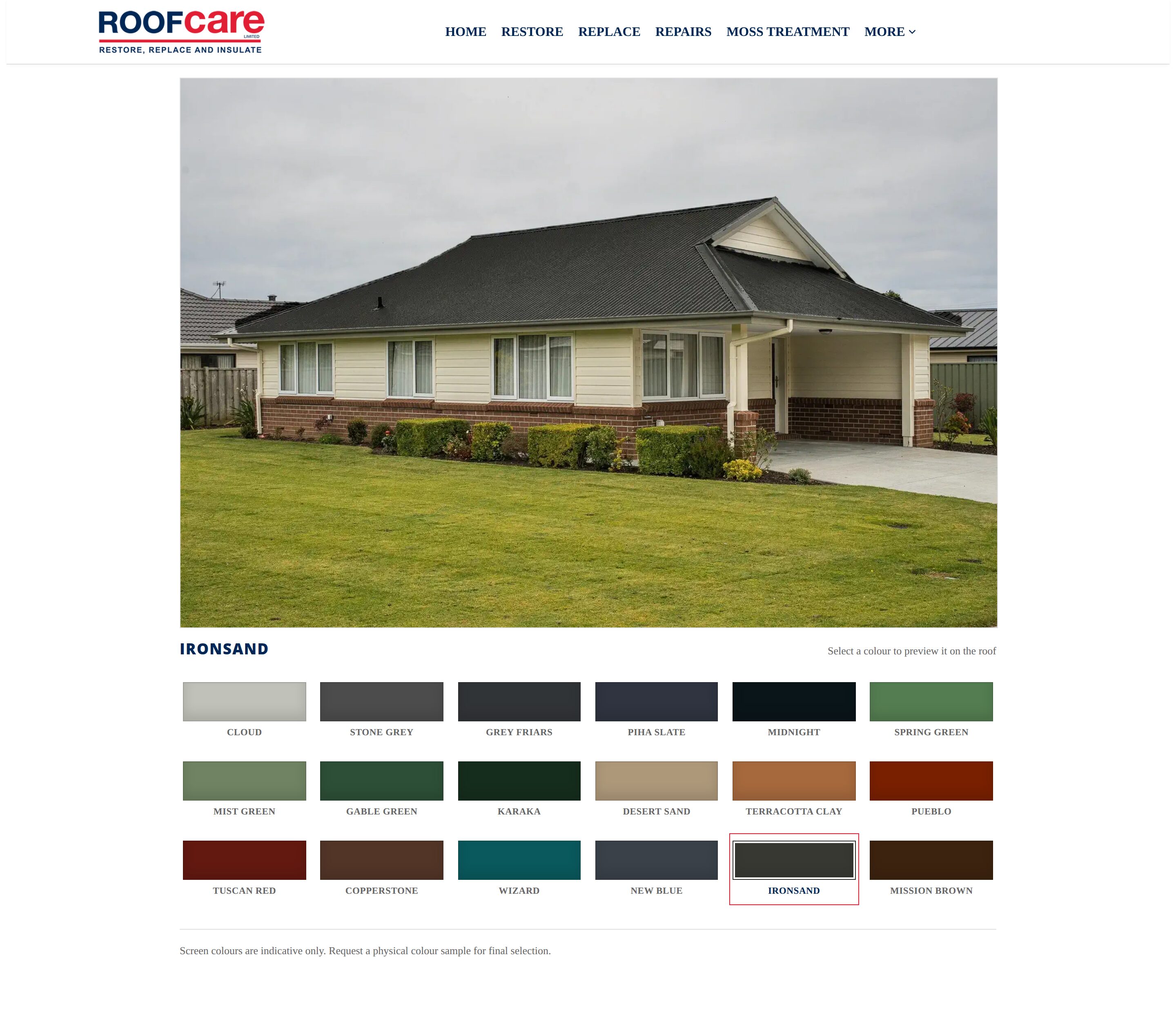 The Roofcare colour visualiser showing a single storey house with a dark charcoal roof, above a grid of eighteen colour swatches with Ironsand selected