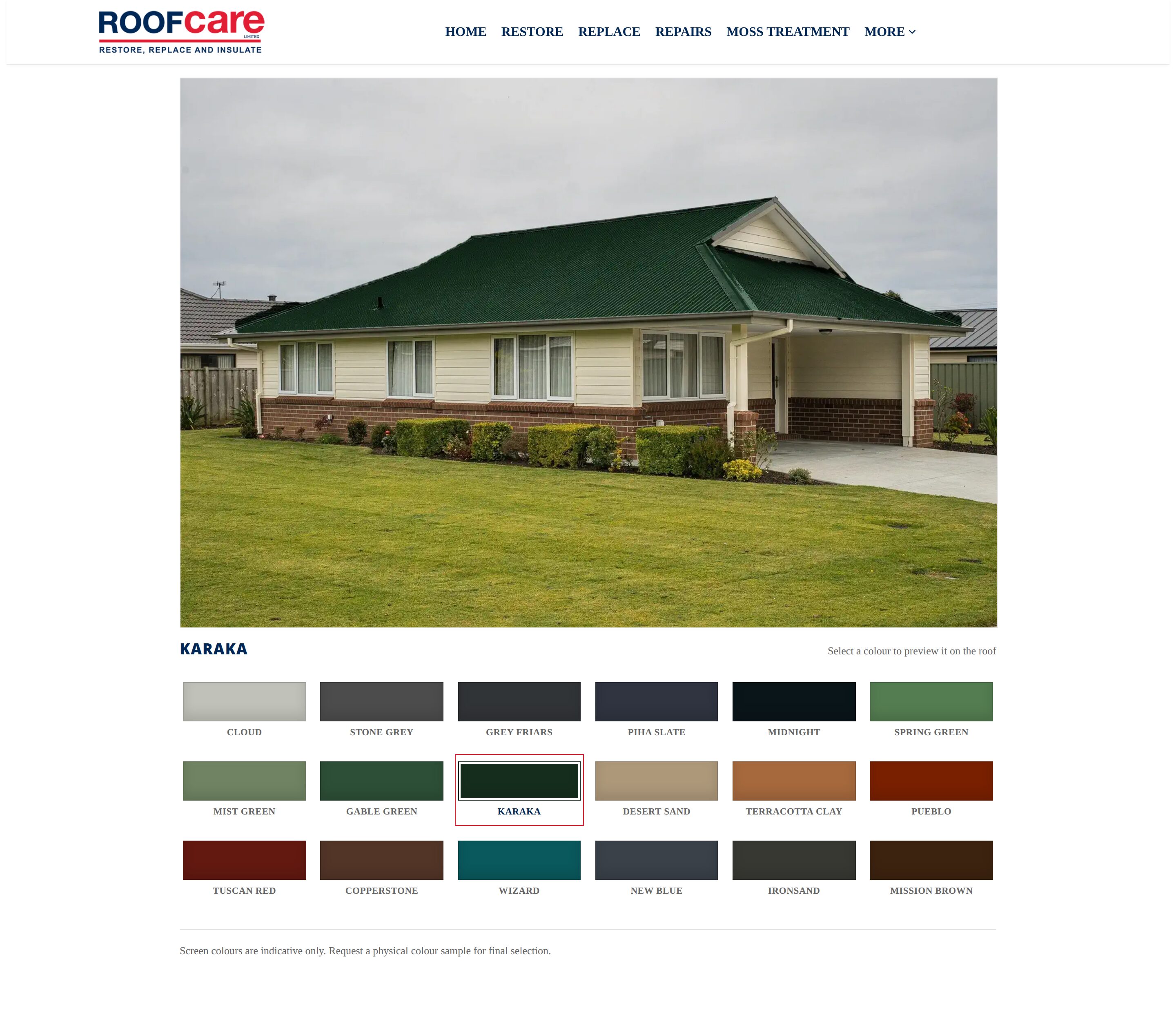 The same Roofcare visualiser after selecting Karaka, with the roof of the house now deep green and the Karaka swatch outlined as the active choice