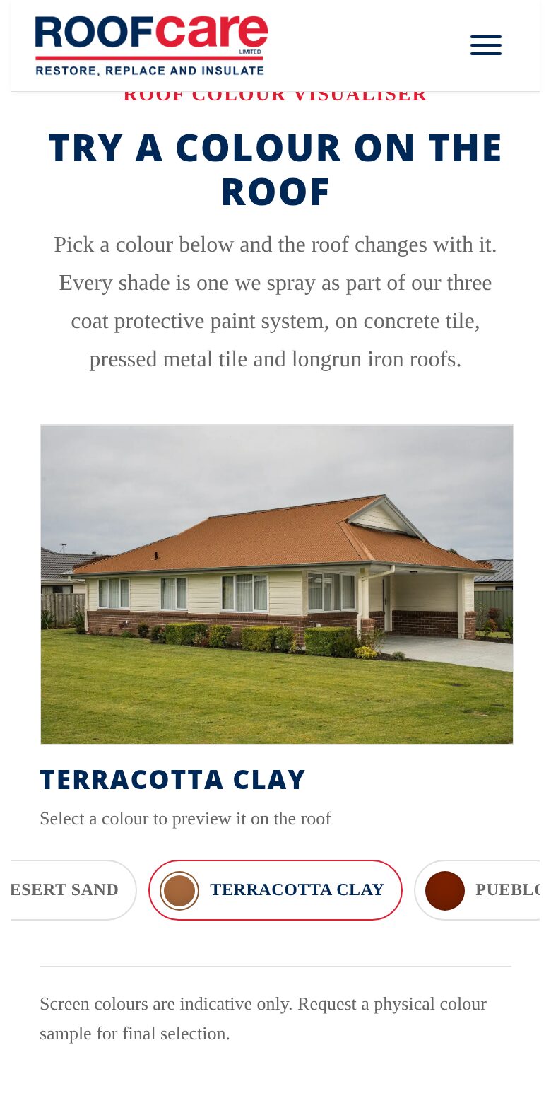 The Roofcare colour visualiser on a phone sized screen, with the house photo full width and the colour swatches as a swipeable row beneath it