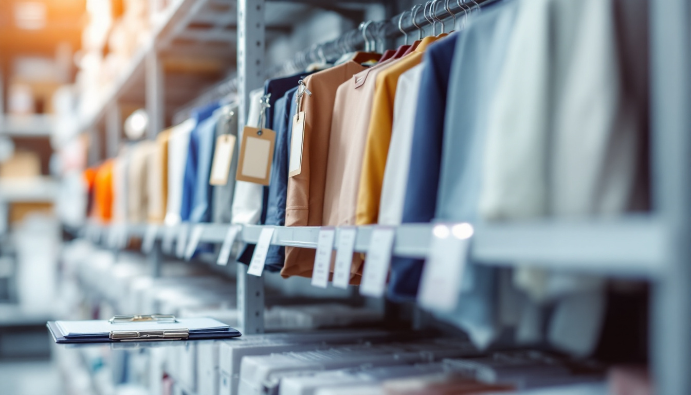 Retail stockroom shelf holding one product in several sizes and colours with swing tags, the variant structure a WooCommerce migration has to carry across