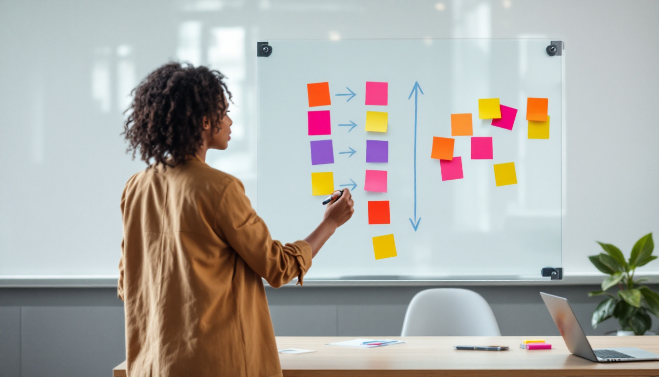 Person mapping old URLs to new ones as two columns of sticky notes joined by arrows on a glass whiteboard, the redirect map step of a WooCommerce migration checklist