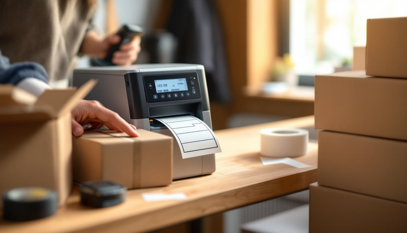 Thermal label printer on a packing bench feeding out a courier label beside sealed parcels, the fulfilment integration a WooCommerce migration has to rebuild