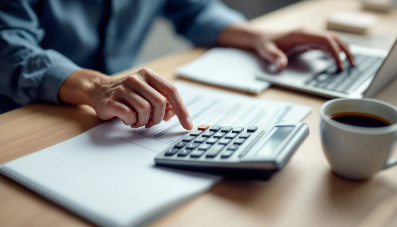 Small store owner working out monthly Shopify app costs on a calculator at a desk