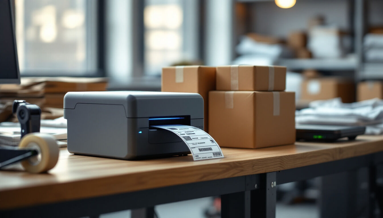 Thermal label printer and packed parcels on a fulfilment bench, the shipping app line on a Shopify store bill