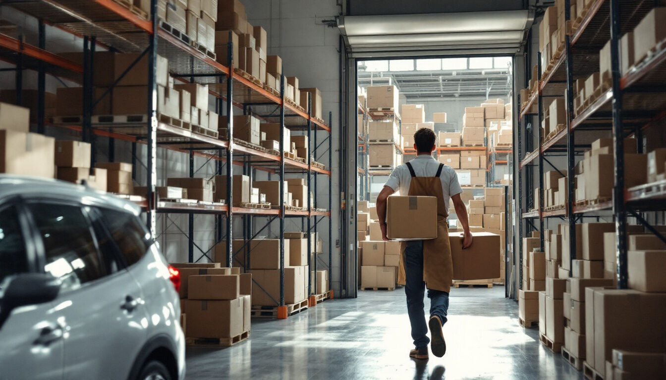 Packed parcels on warehouse shelving at a growing store, where Shopify app pricing tiers step up