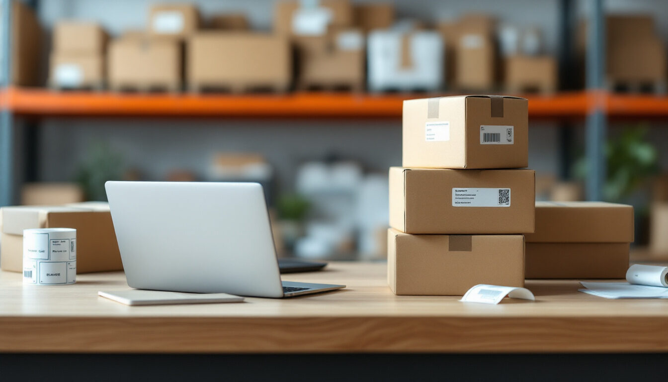 Labelled parcels stacked on a small ecommerce packing bench beside an open laptop and a roll of shipping labels, the order volume that review apps bill on