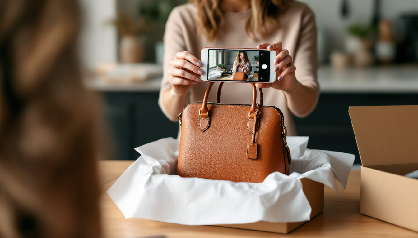 A customer photographing a just unboxed leather handbag on her kitchen bench, the kind of photo review that Loox and Judge.me collect for small stores