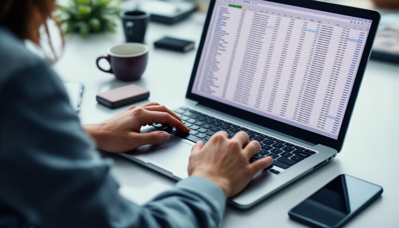 Hands at a laptop with a spreadsheet of review rows on screen, the CSV export step in migrating product reviews between apps