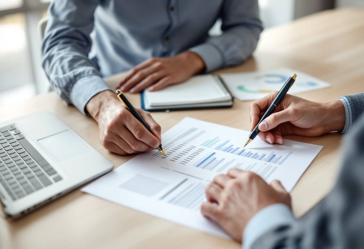 Two people reviewing a printed Shopify Plus pricing proposal line by line at a meeting table