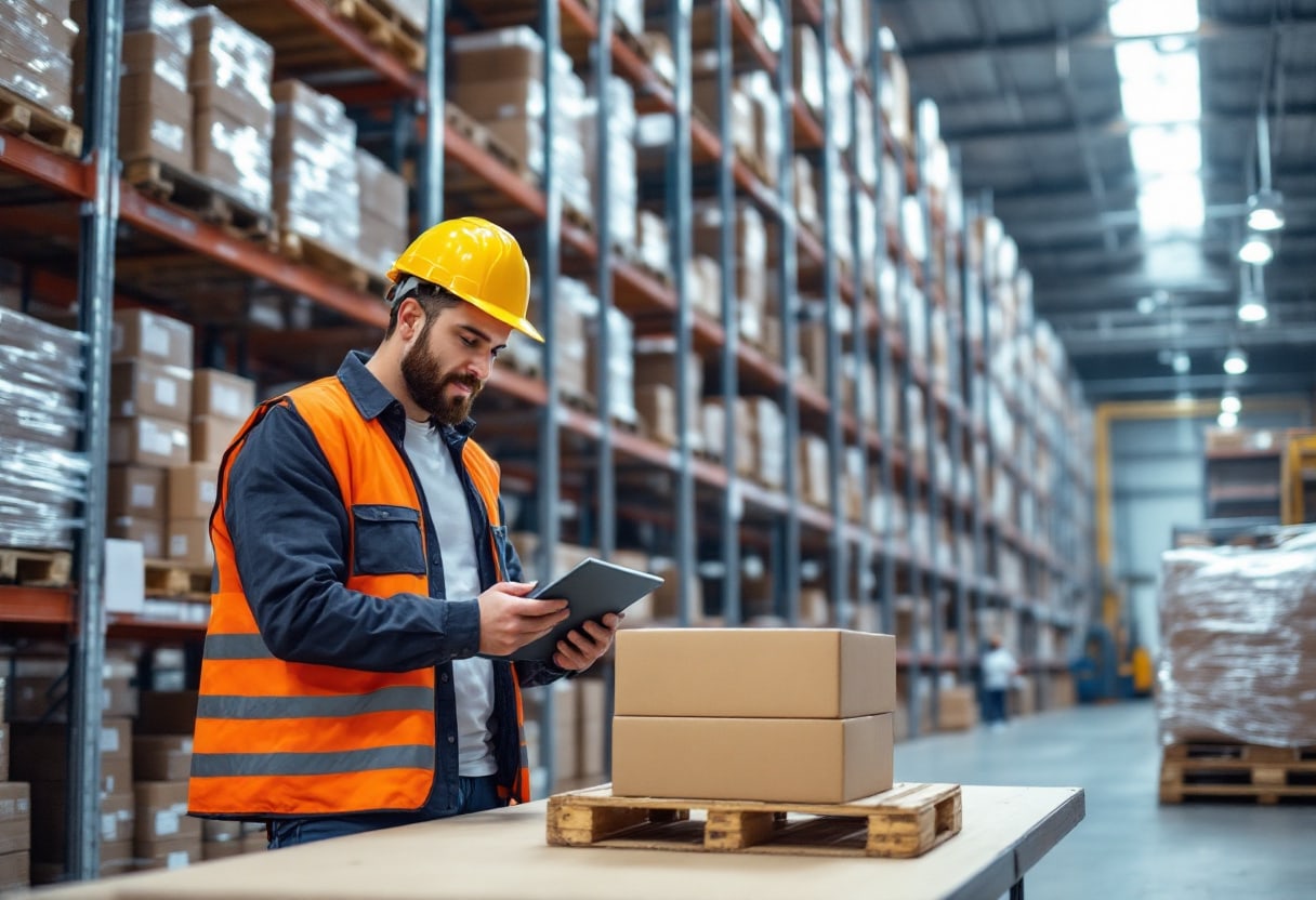 Trade buyer checking a wholesale order on a tablet at a distribution warehouse counter, the B2B case for upgrading to Shopify Plus