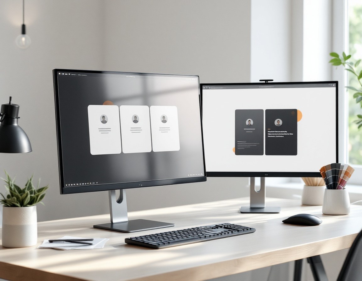 Two monitors side by side showing the same Google reviews card layout rendered in a light theme and a dark theme