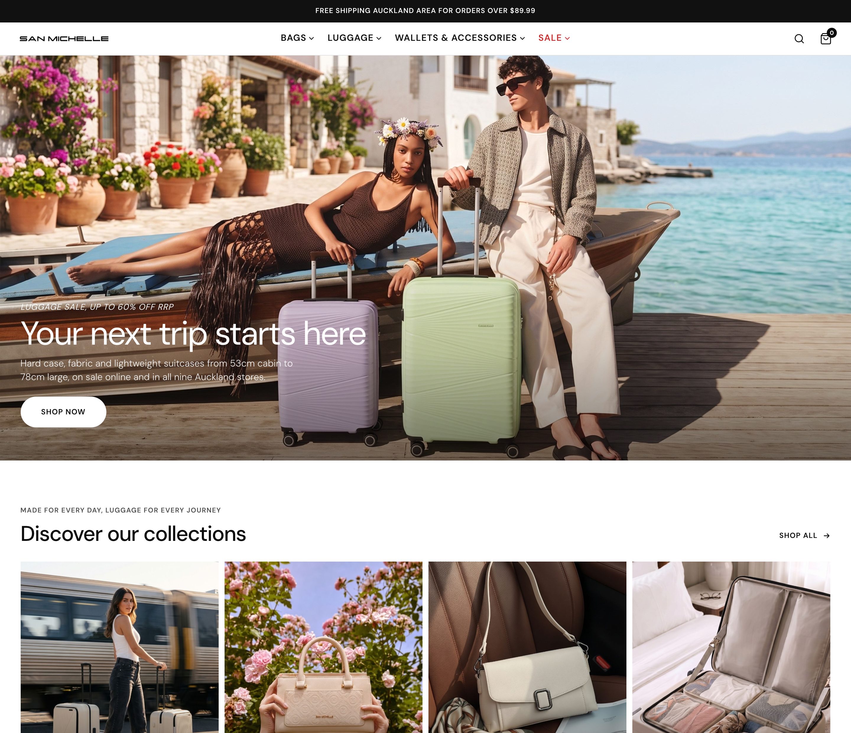 The San Michelle Bags homepage on desktop, with a luggage sale campaign image above the collections