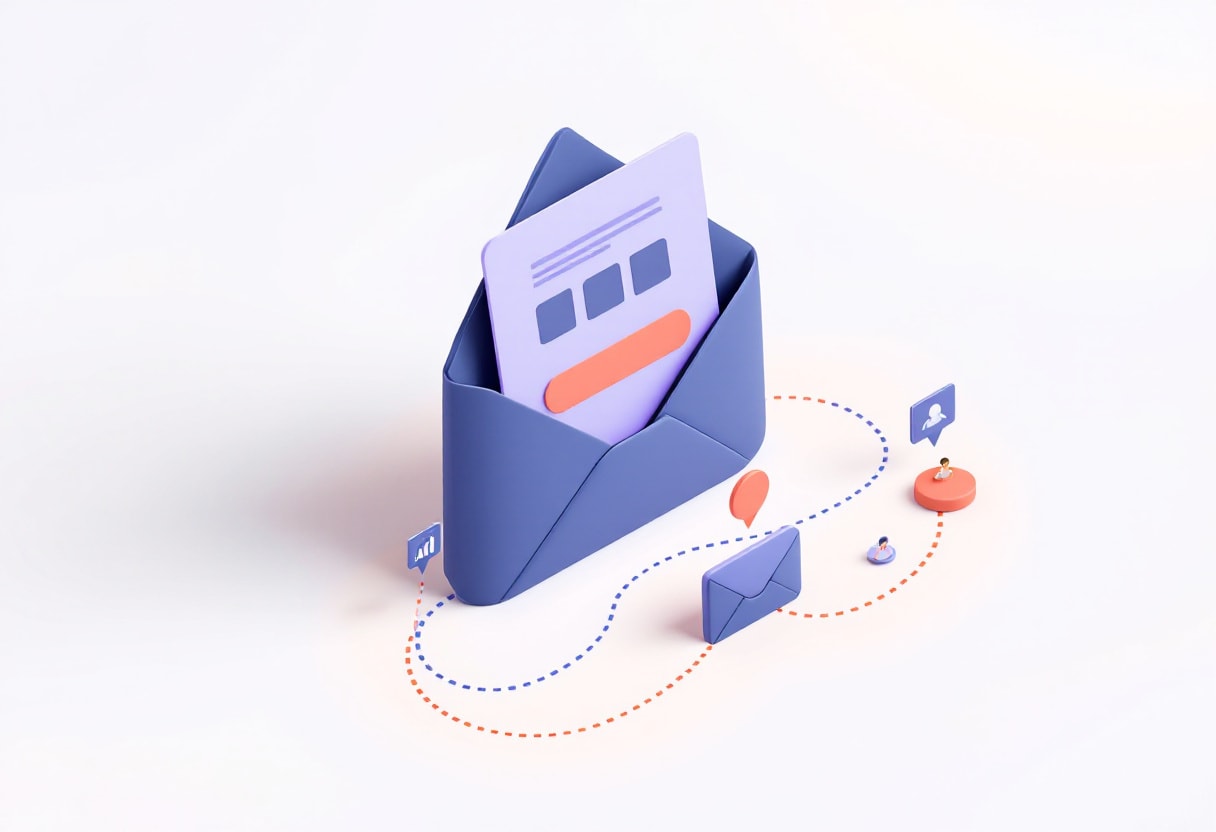 Illustration of an open envelope holding an email card with product tiles and a button, with smaller envelopes travelling along a dotted path to recipients