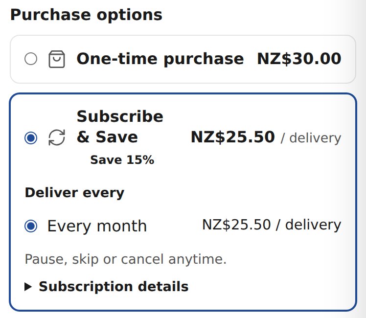 Purchase options on a product page: a one time purchase at full price and a Subscribe and Save option at 15 percent off, delivered every month