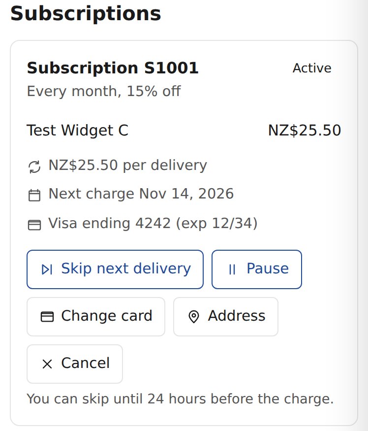 A customer account page showing an active monthly subscription with the next charge date, the saved card and buttons to skip, pause, change card, change address or cancel