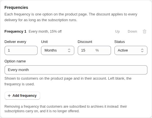 The selling plan editor in the WebForger dashboard: a delivery frequency of one month with a 15 percent discount and an option to add more frequencies
