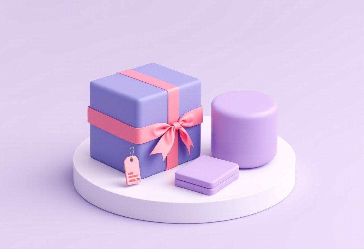 Illustration of a gift box, a cylinder and two small tiles grouped on one plinth and tied together with a single coral ribbon, with a price tag hanging from the box