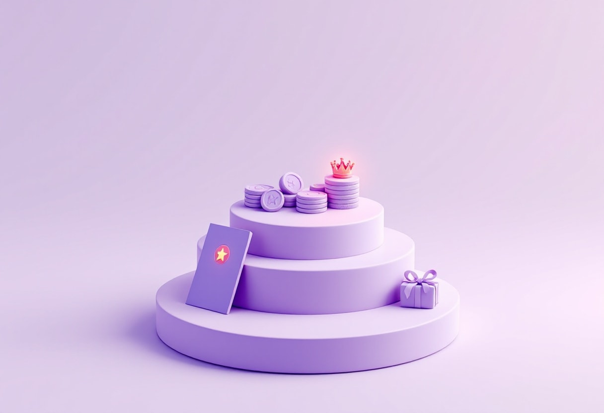 Illustration of three stepped podium tiers on a plinth with stacked points coins, a coral crown on the top tier, a member card leaning against the base and a small gift box