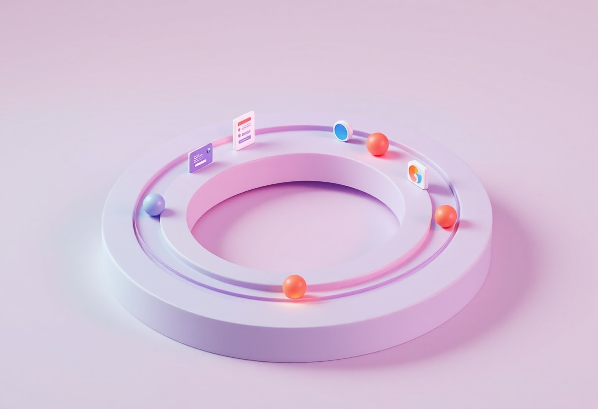 Illustration of a closed oval track on a round platform with an ad card, a form card and small glowing spheres circulating around the loop