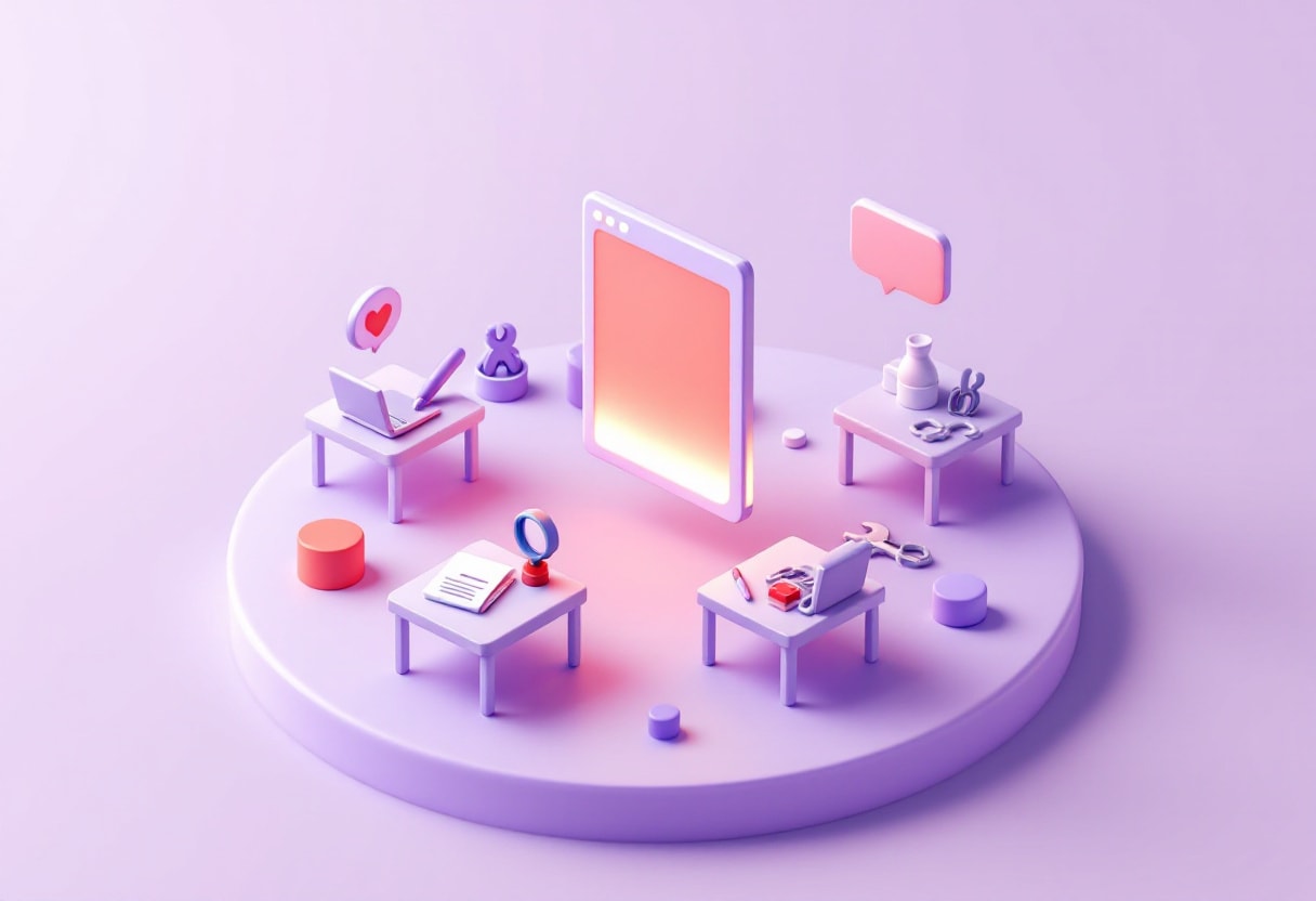 Illustration of four small desks arranged around a round platform, each with its own tool such as a laptop, a notepad and a magnifying glass, facing a glowing web page panel in the middle