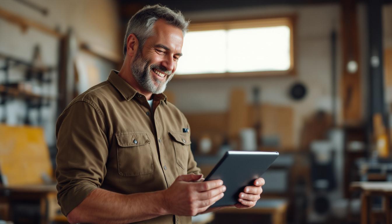 Small business owner reviewing rebuilt website on tablet