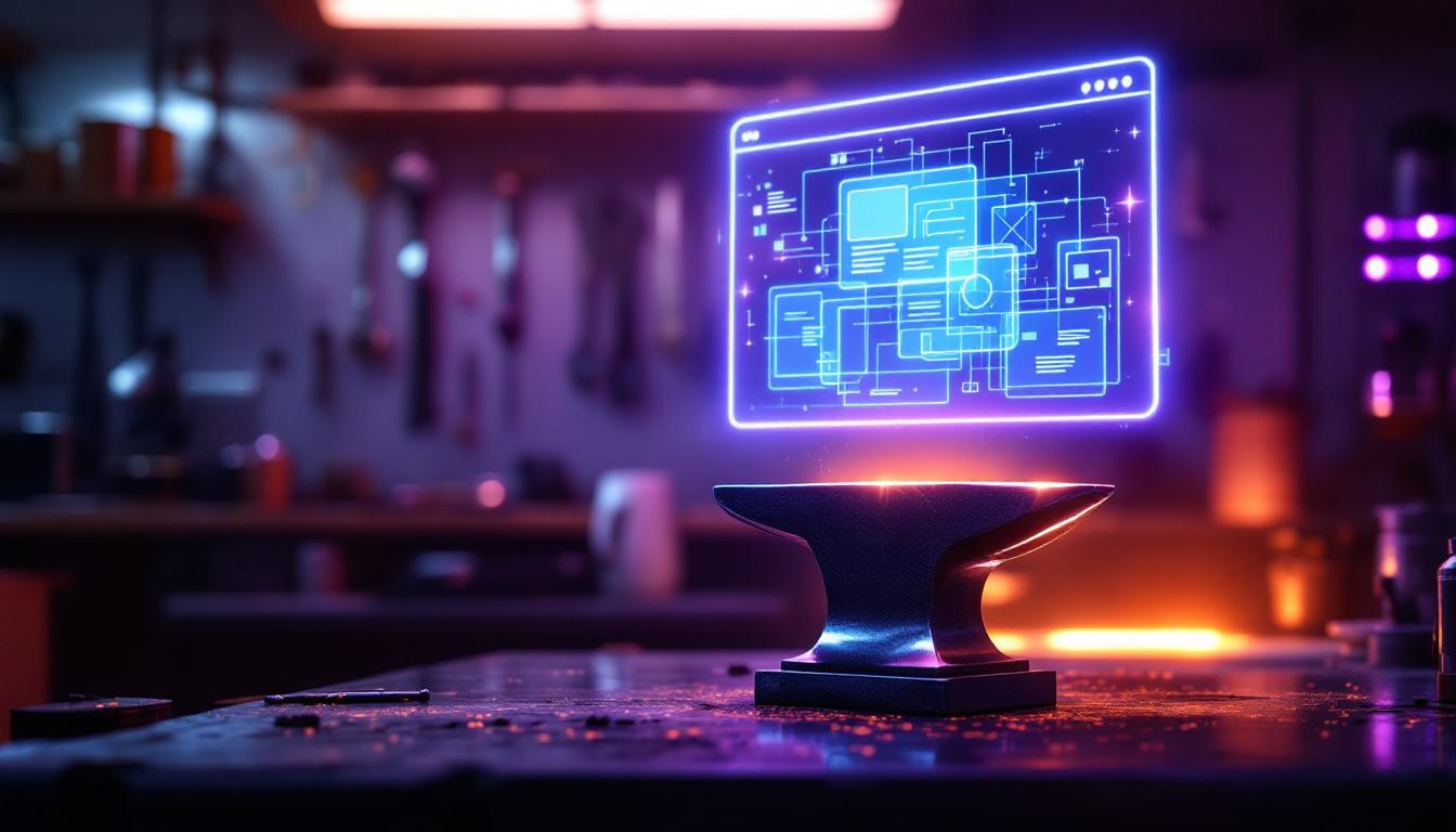 Forge concept: holographic website wireframe being precisely rebuilt